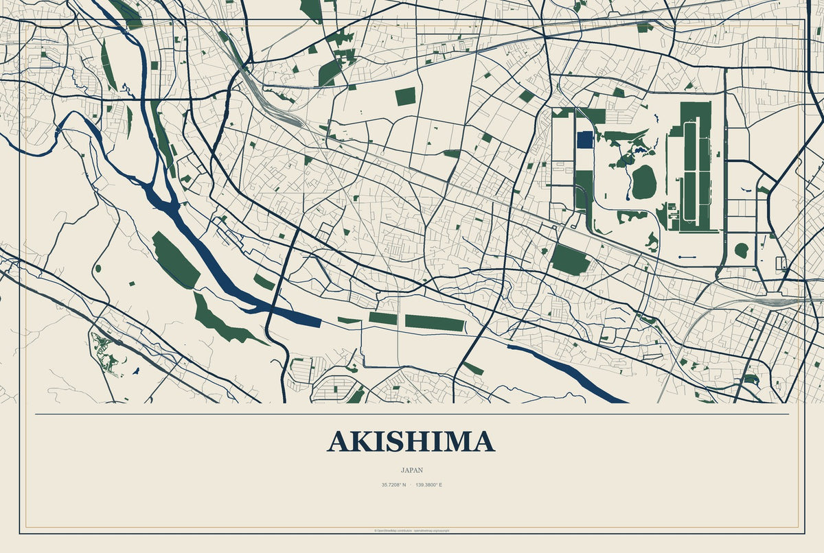 Akishima, Japan City Map Aluminum Sign in Coastal Cutout style