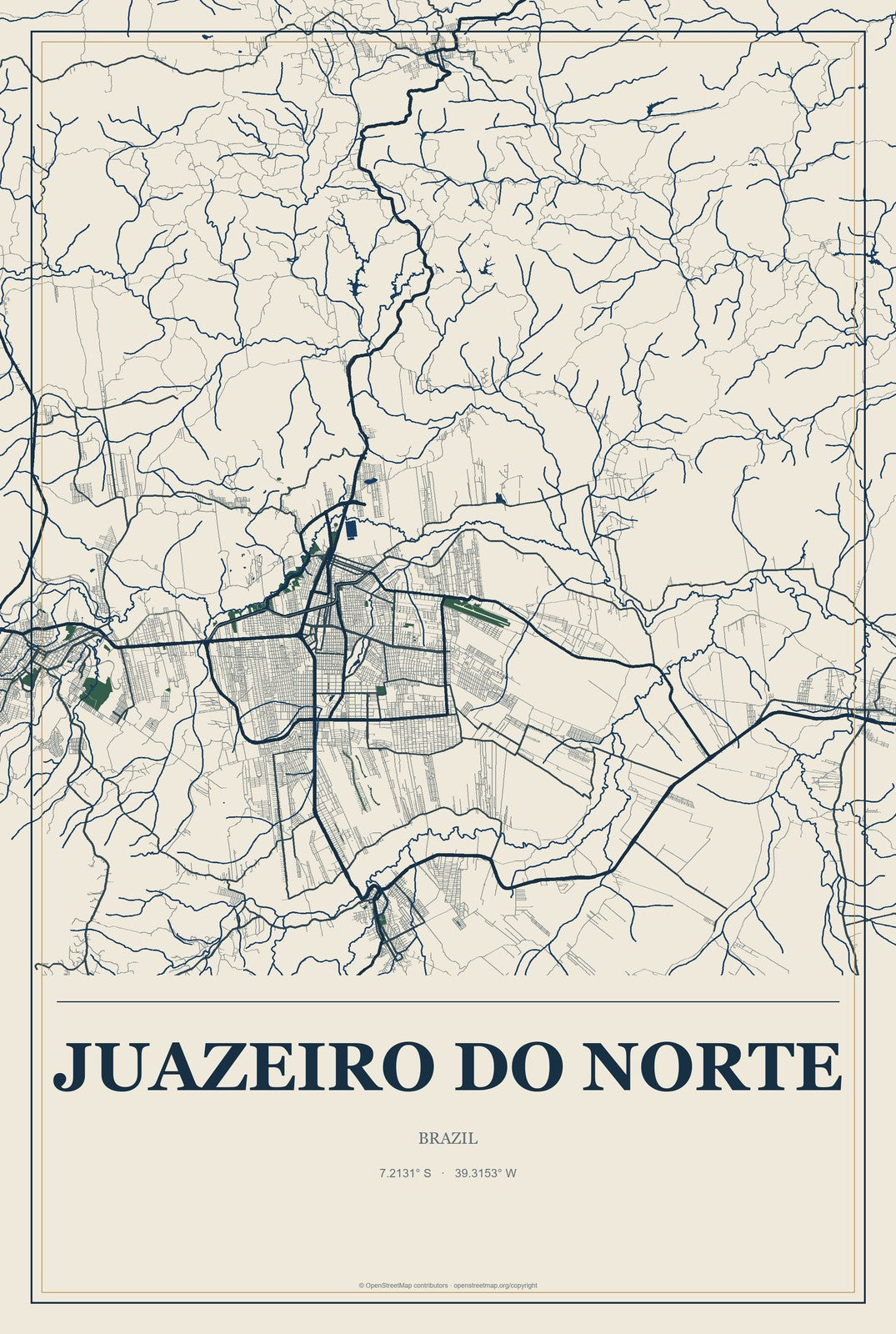 Juazeiro do Norte, Brazil City Map Aluminum Sign in Coastal Cutout style