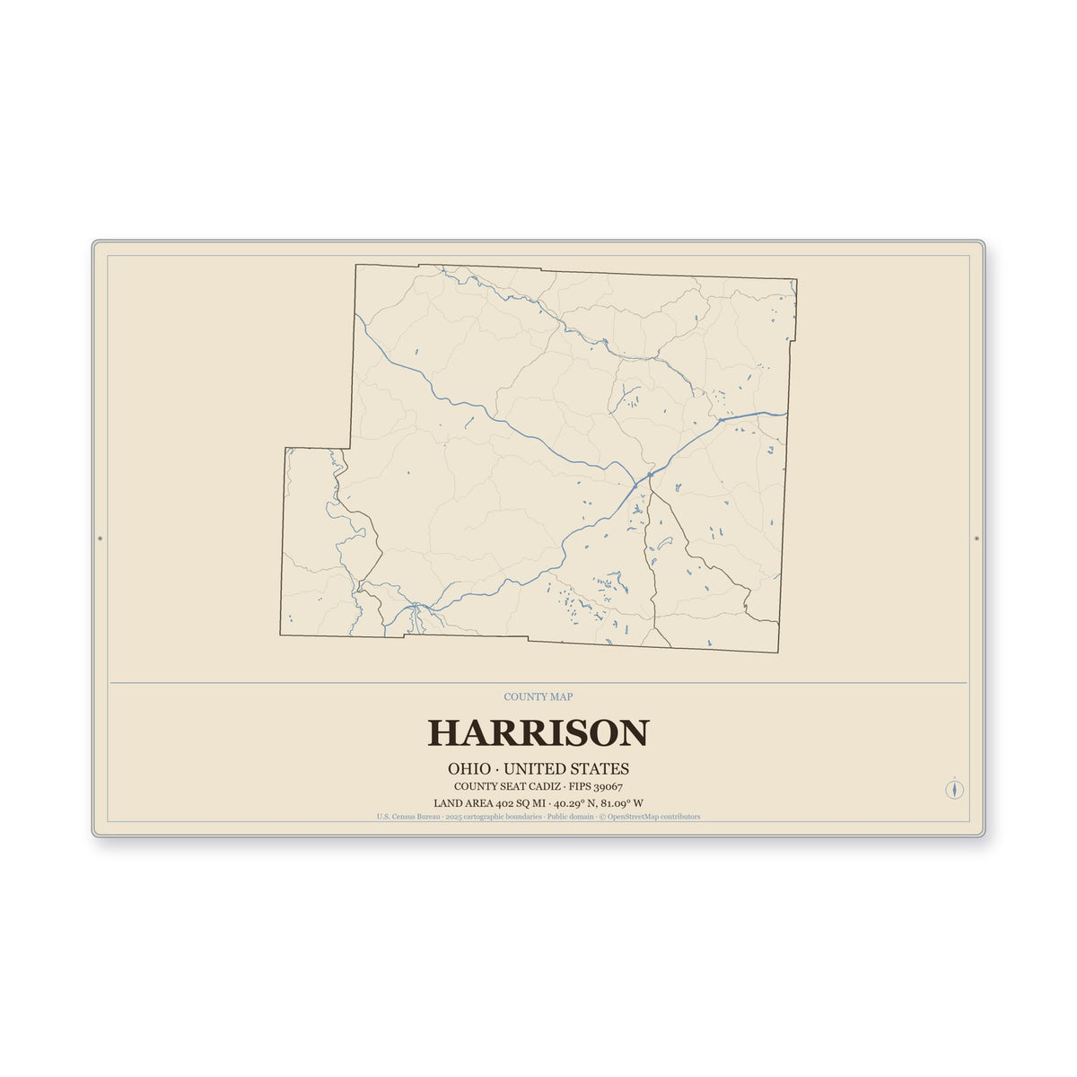 Harrison County, Ohio Map Aluminum Sign in Heritage Nautical style