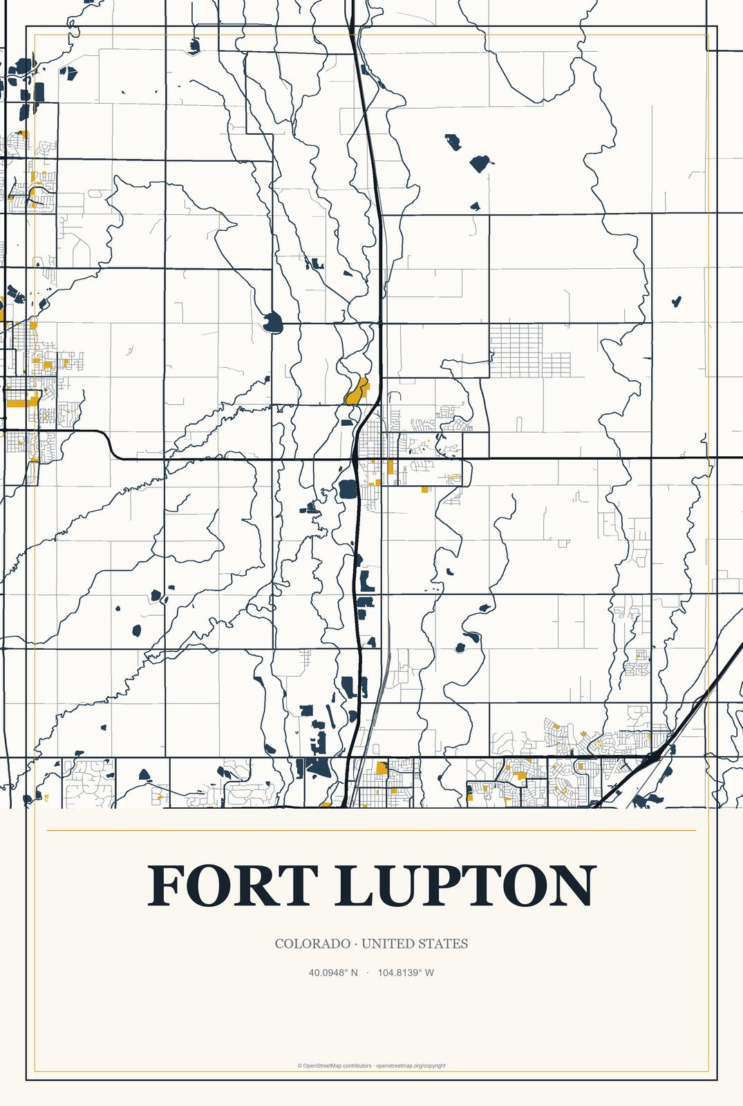 Fort Lupton, Colorado City Map Aluminum Sign in Citrine Modern style