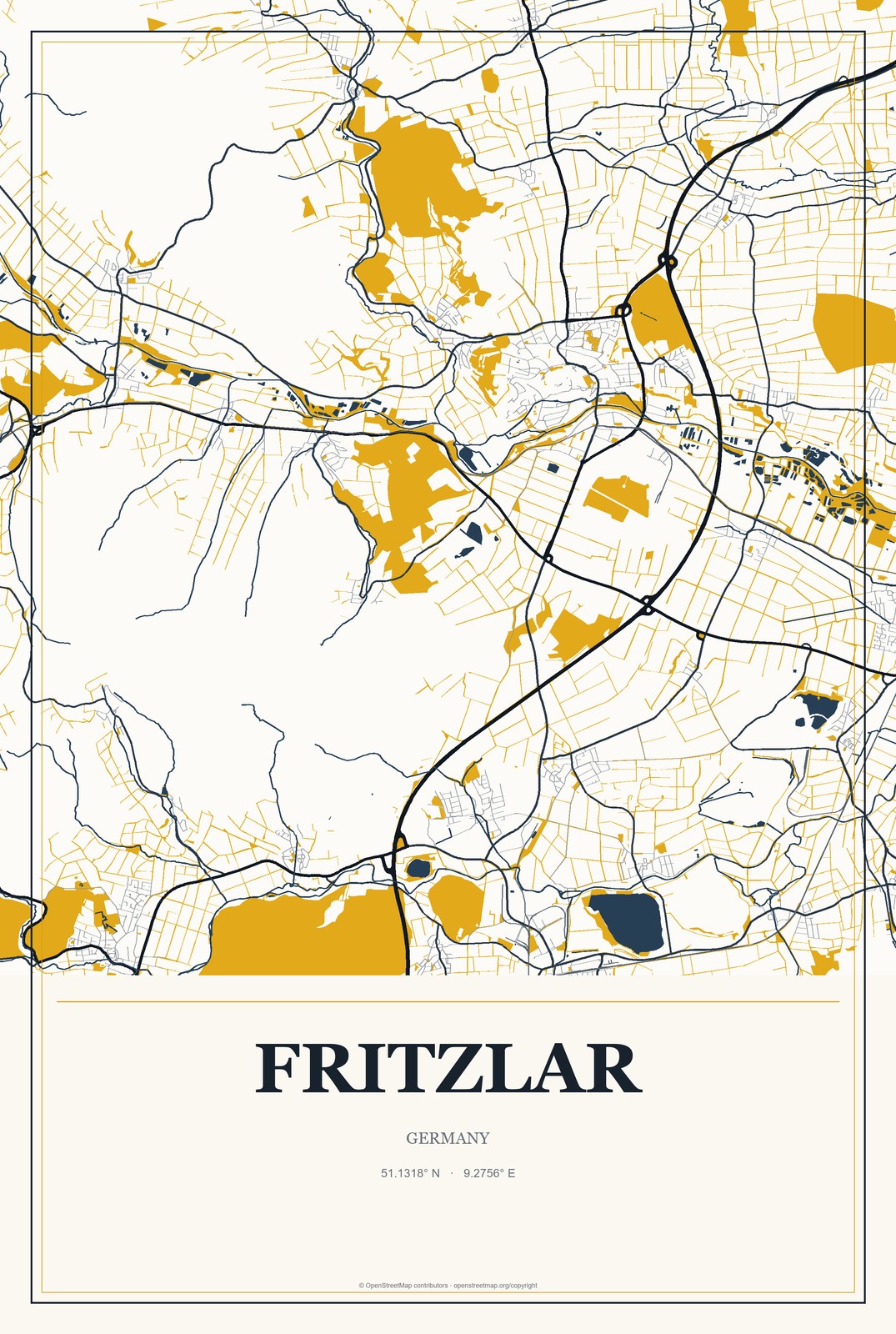 Fritzlar, Germany City Map Aluminum Sign in Citrine Modern style