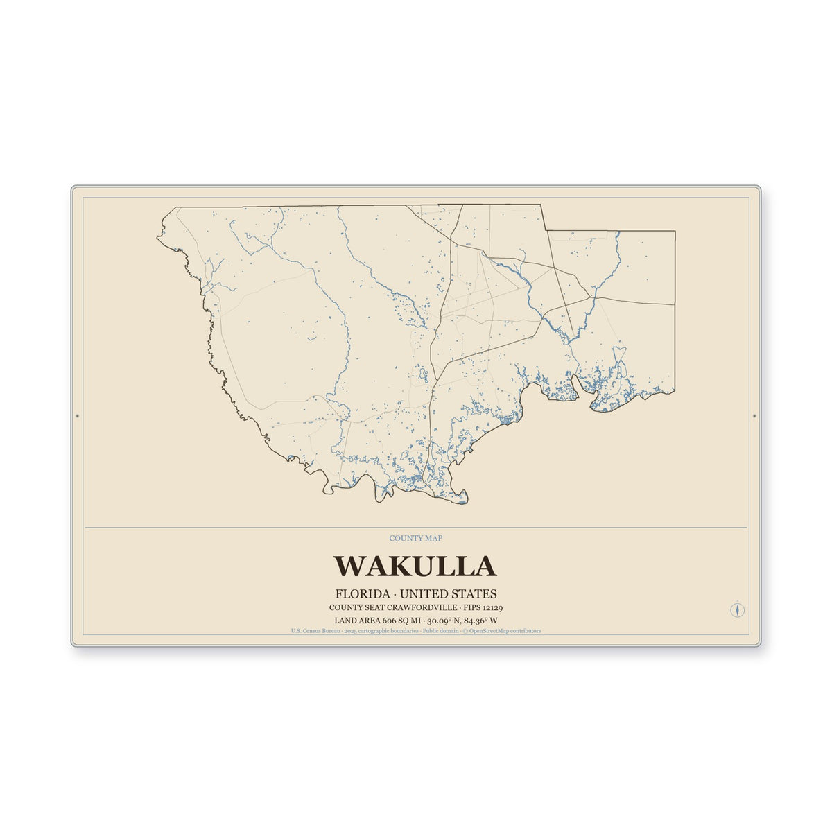 Wakulla County, Florida Map Aluminum Sign in Heritage Nautical style
