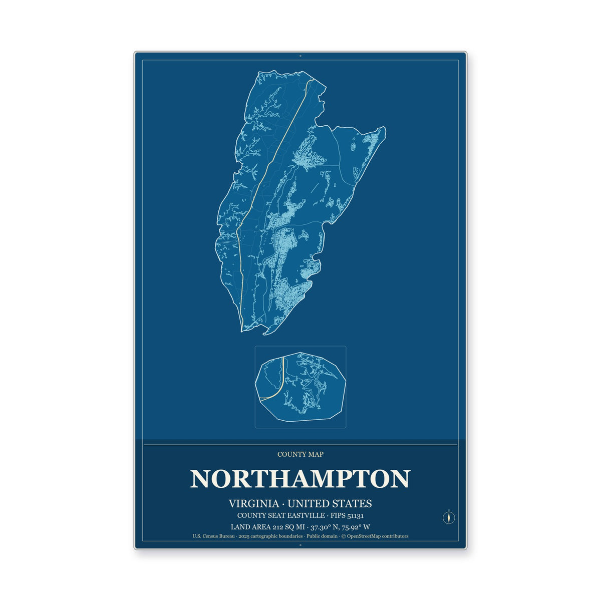 Northampton County, Virginia Map Aluminum Sign in Harbor Cobalt style