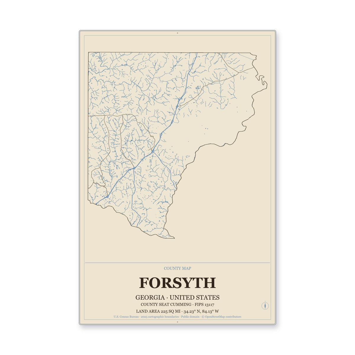 Forsyth County, Georgia Map Aluminum Sign in Heritage Nautical style