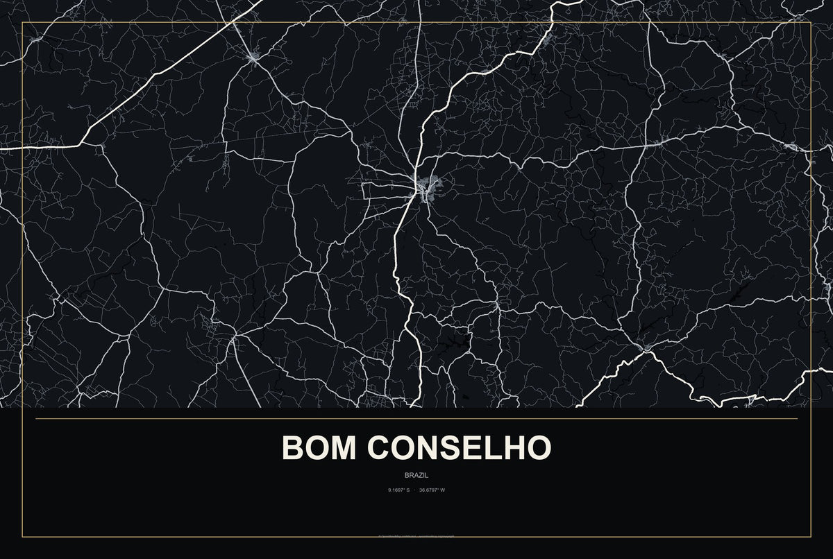 Bom Conselho, Brazil City Map Aluminum Sign in Metropolitan Noir style