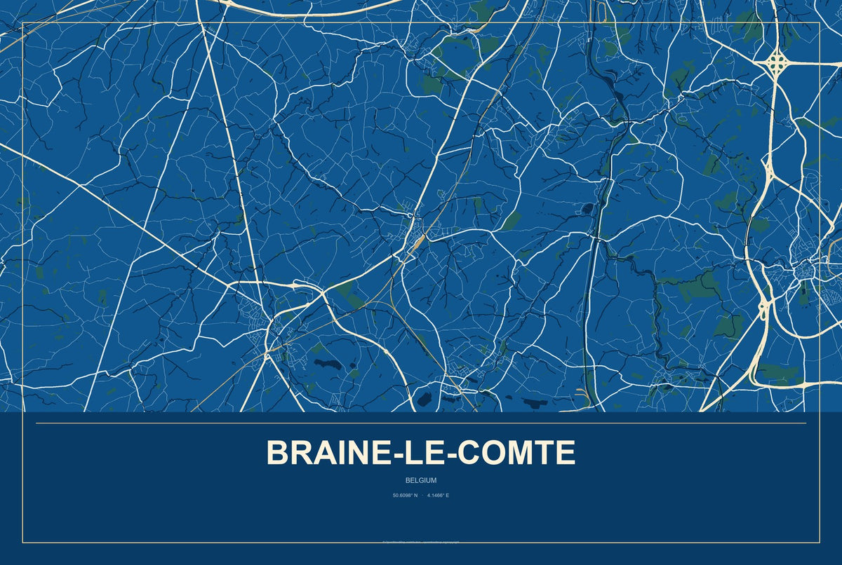 Braine-le-Comte, Belgium City Map Aluminum Sign in Harbor Cobalt style