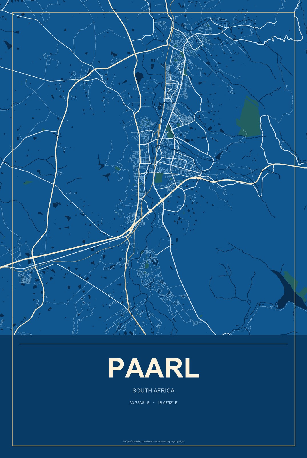 Paarl, South Africa City Map Aluminum Sign in Harbor Cobalt style