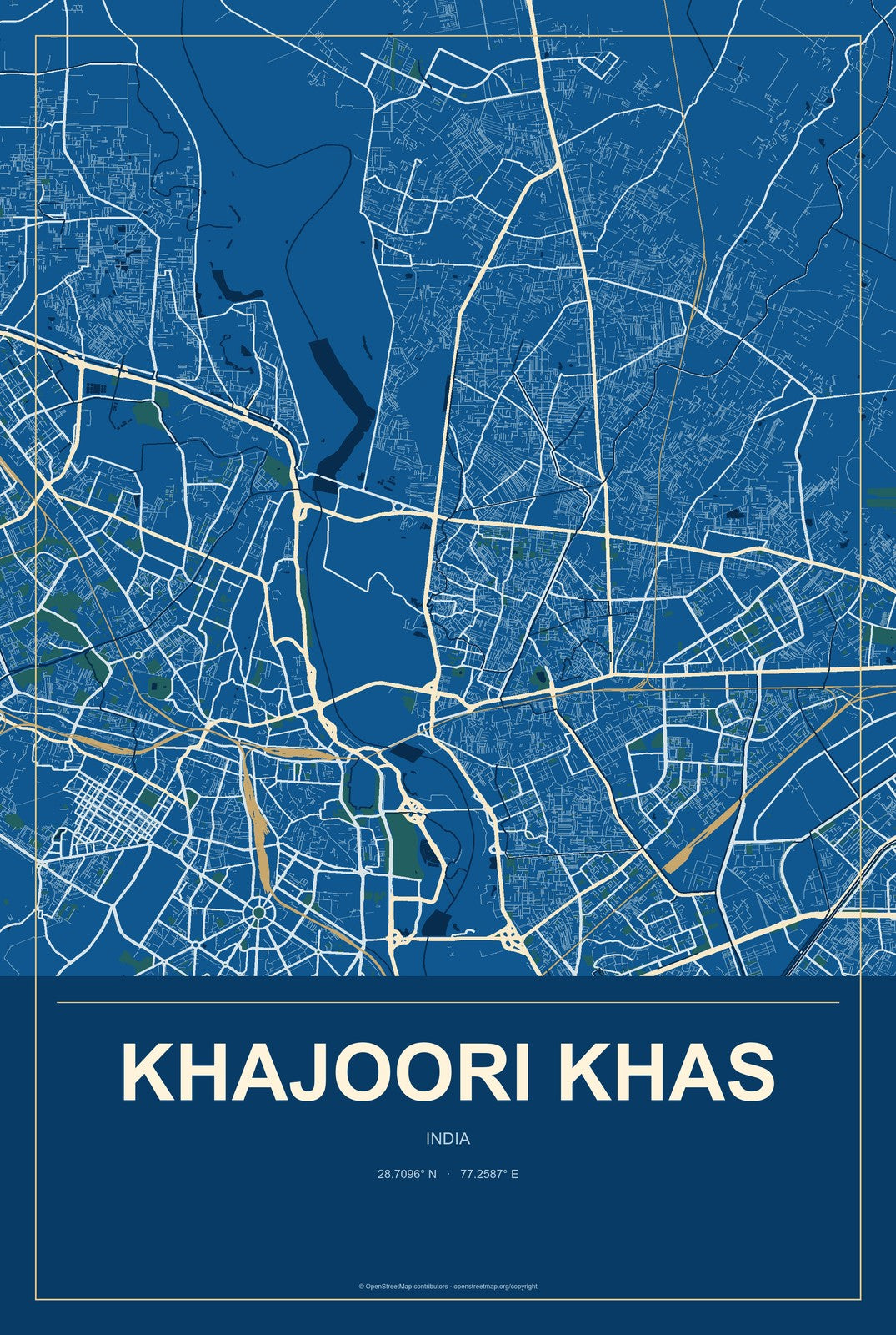 Khajoori Khas, India City Map Aluminum Sign in Harbor Cobalt style