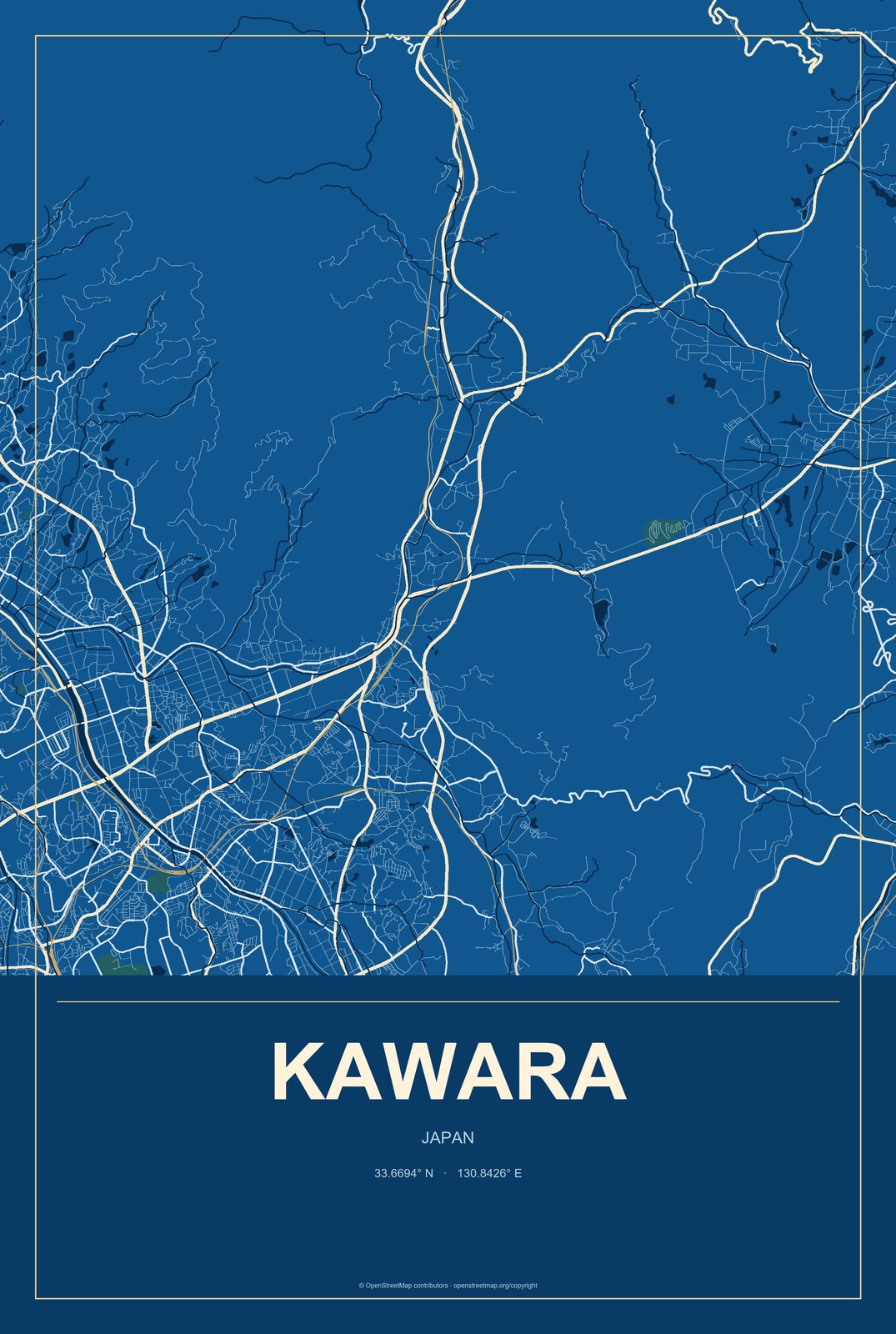 Kawara, Japan City Map Aluminum Sign in Harbor Cobalt style
