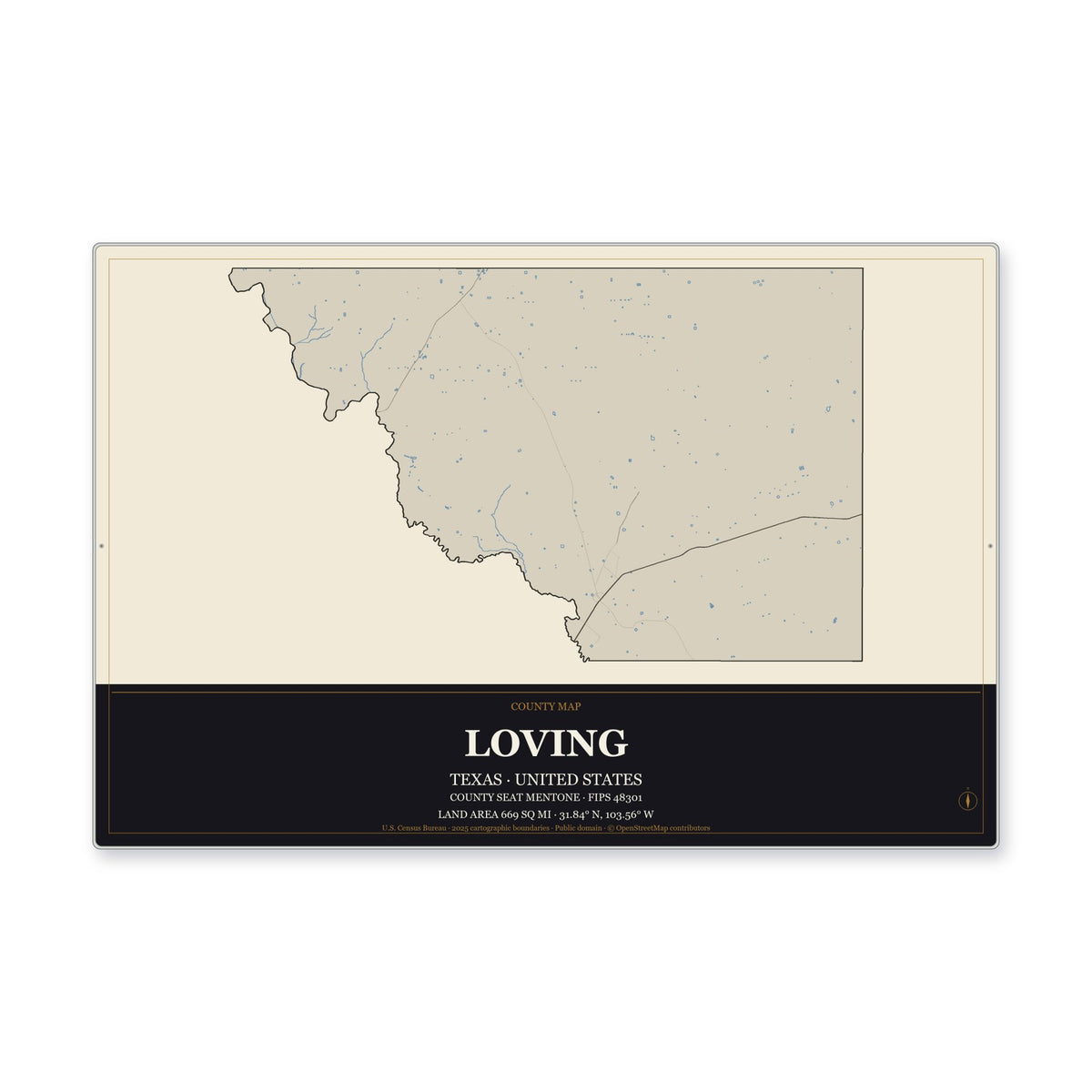 Loving County, Texas Map Aluminum Sign in Museum Plaque style