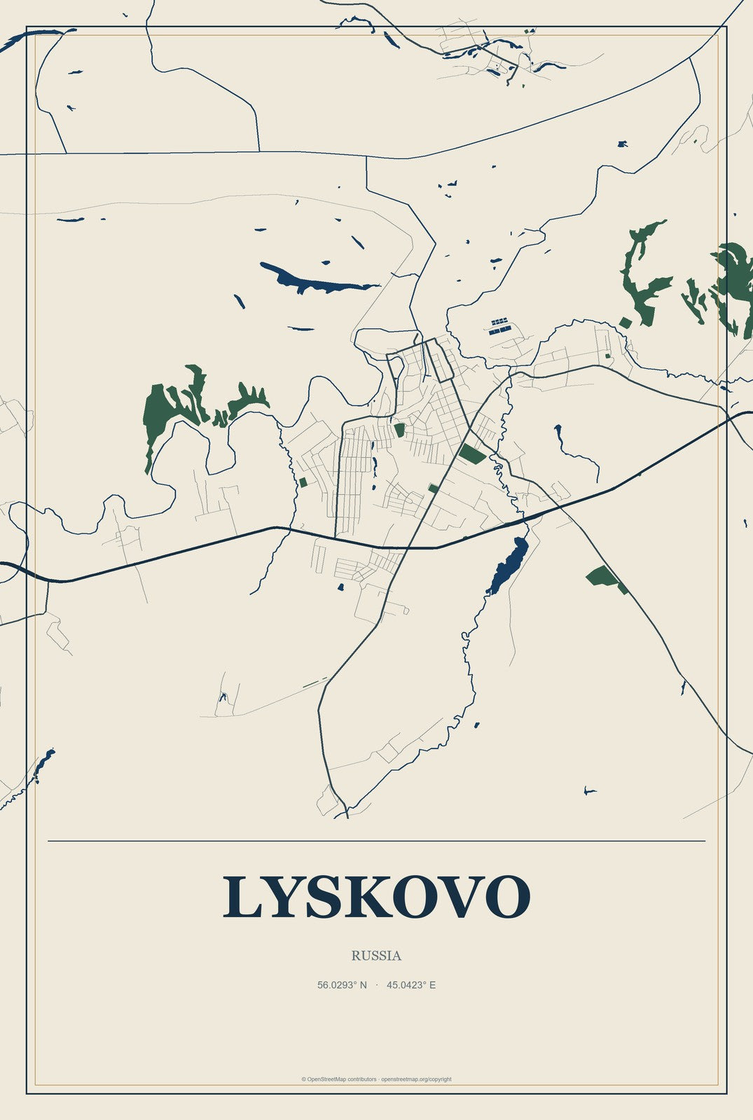 Lyskovo, Russia City Map Aluminum Sign in Coastal Cutout style