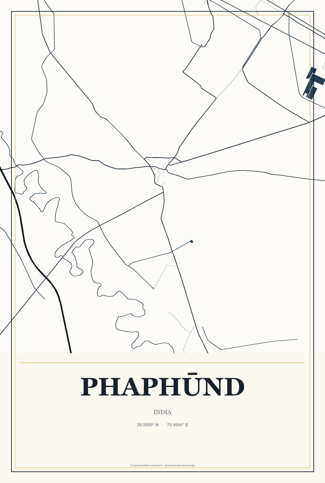 Phaphūnd, India City Map Aluminum Sign in Citrine Modern style