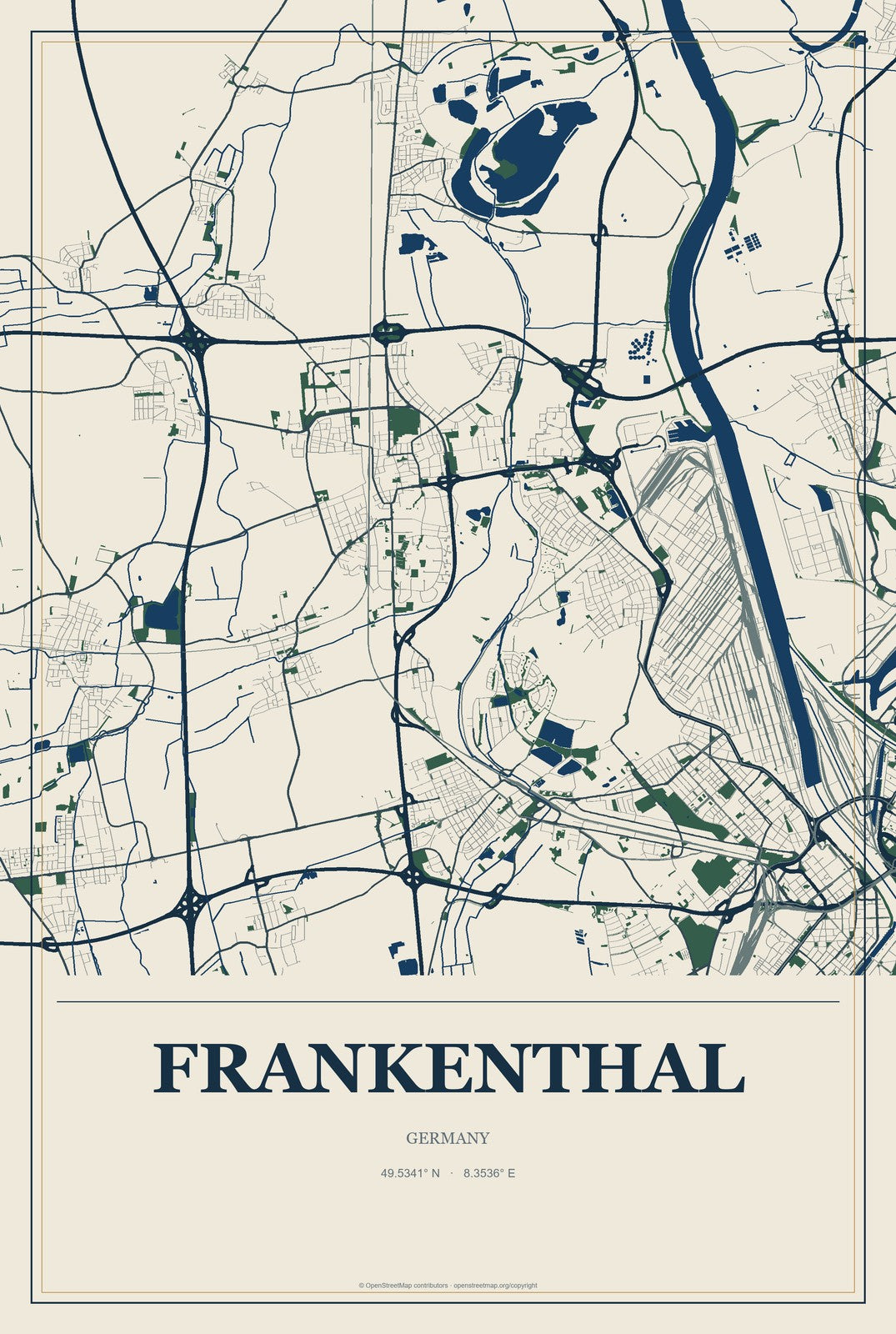 Frankenthal, Germany City Map Aluminum Sign in Coastal Cutout style