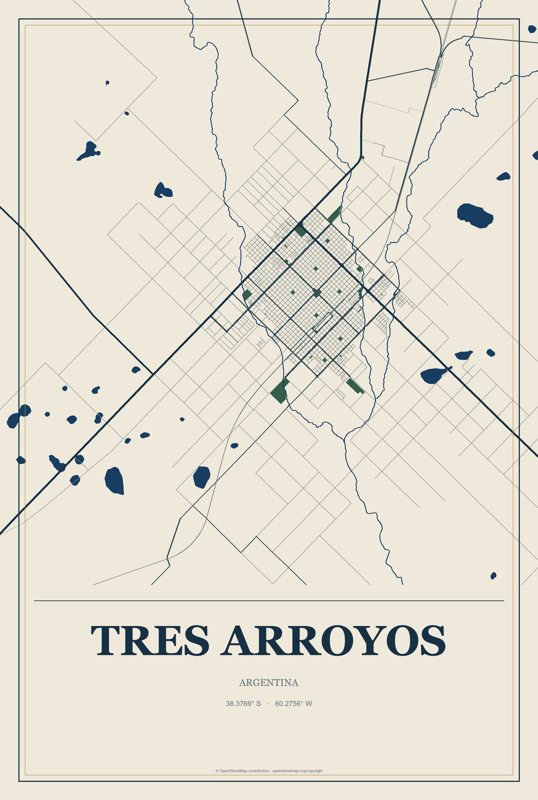 Tres Arroyos, Argentina City Map Aluminum Sign in Coastal Cutout style