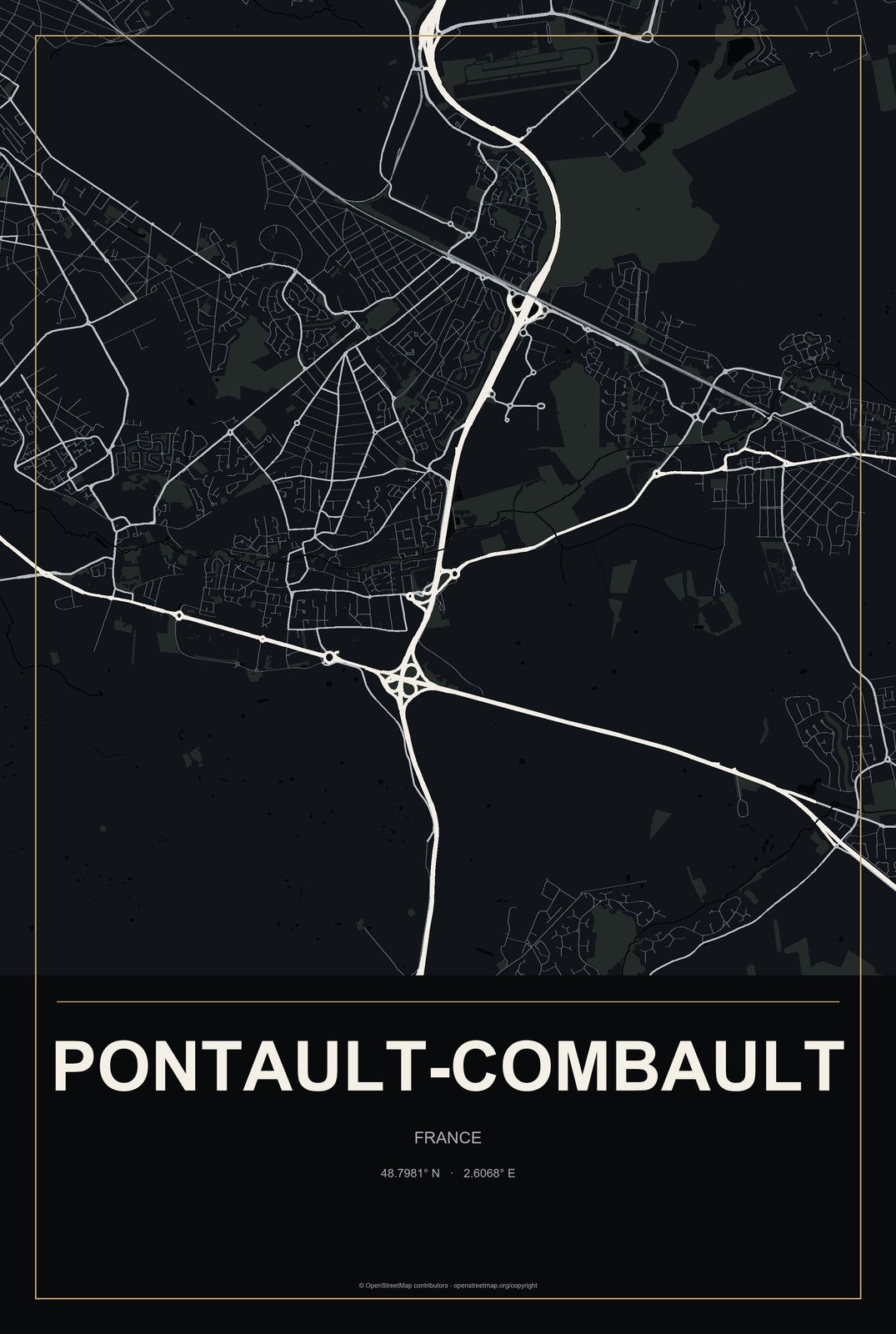 Pontault-Combault, France City Map Aluminum Sign in Metropolitan Noir style