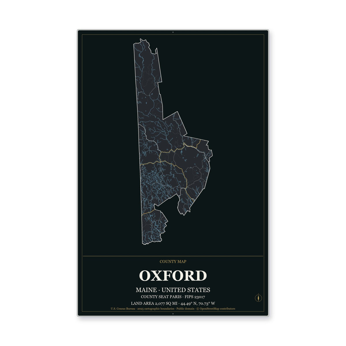 Oxford County, Maine Map Aluminum Sign in Metropolitan Noir style