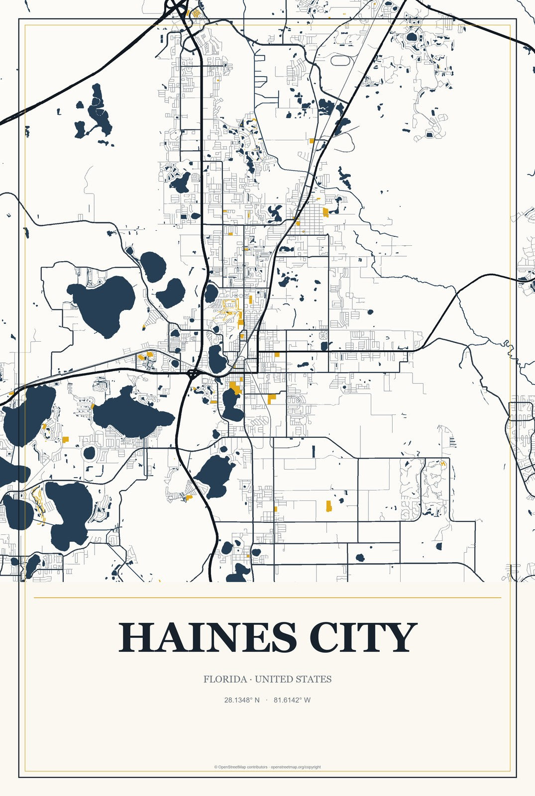 Haines City, Florida City Map Aluminum Sign in Citrine Modern style