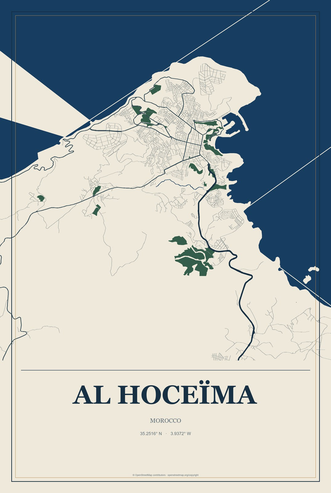 Al Hoceïma, Morocco City Map Aluminum Sign in Coastal Cutout style