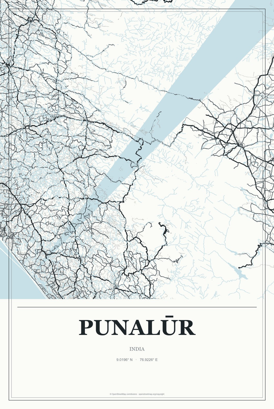Punalūr, India City Map Aluminum Sign in Gallery Air style