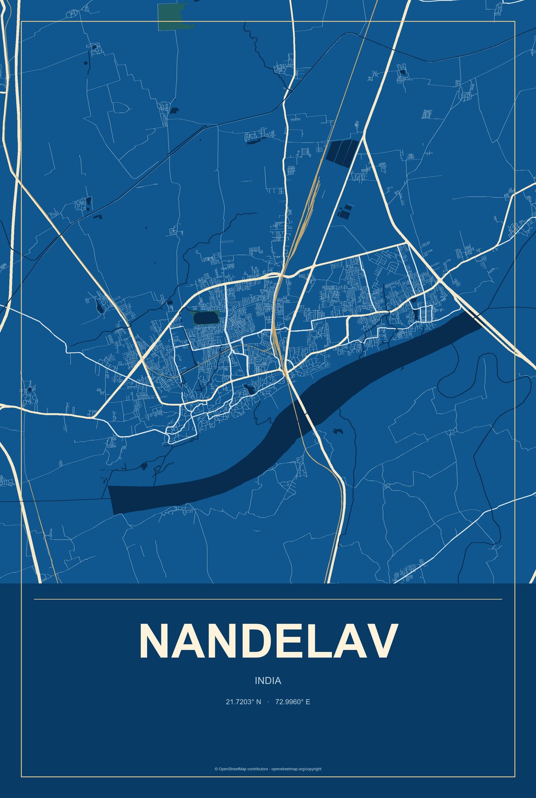 Nandelav, India City Map Aluminum Sign in Harbor Cobalt style
