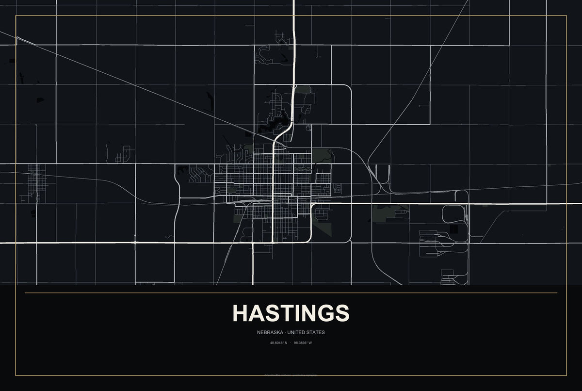 Hastings, Nebraska City Map Aluminum Sign in Metropolitan Noir style