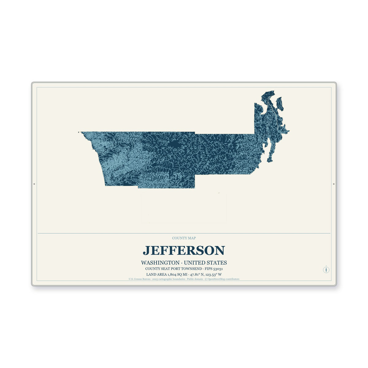 Jefferson County, Washington Map Aluminum Sign in Coastal Cutout style
