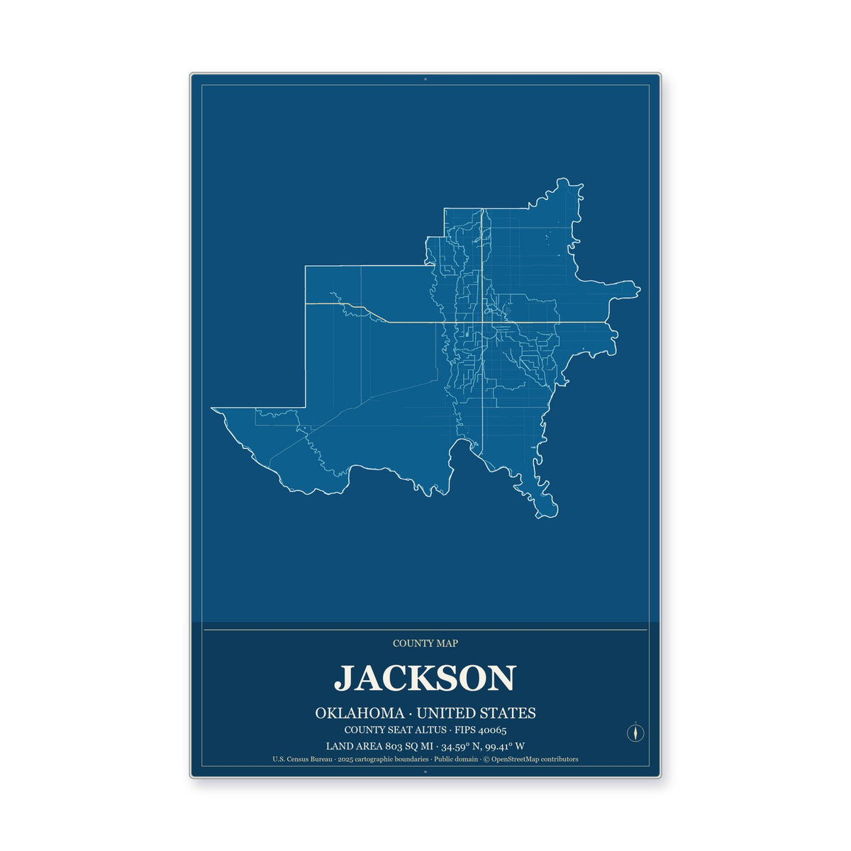 Jackson County, Oklahoma Map Aluminum Sign in Harbor Cobalt style