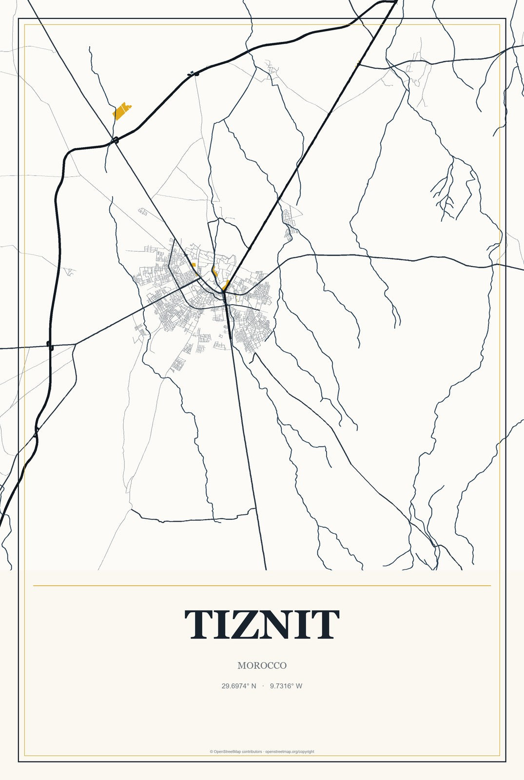 Tiznit, Morocco City Map Aluminum Sign in Citrine Modern style