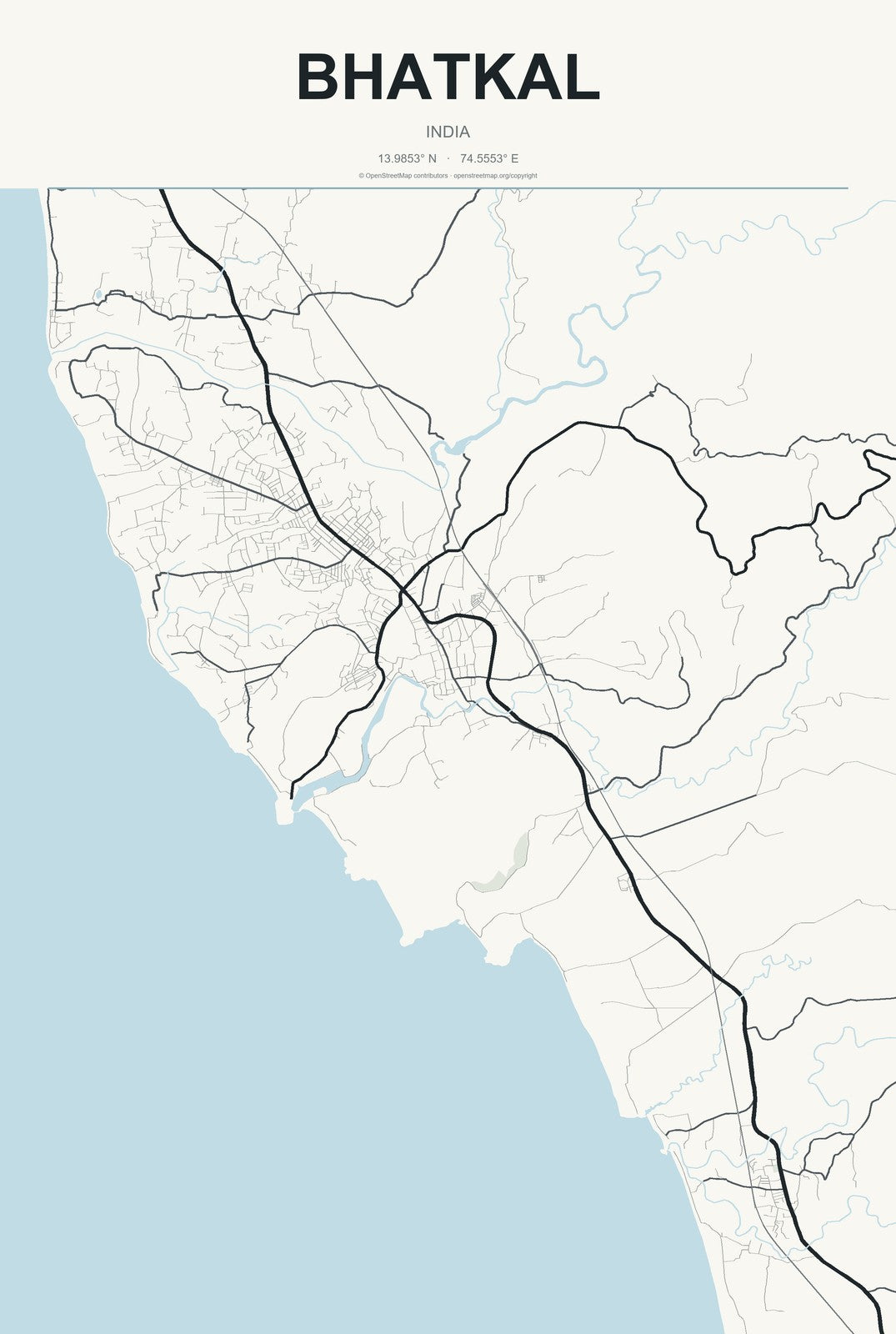 Bhatkal, India City Map Aluminum Sign in Headline Atlas style