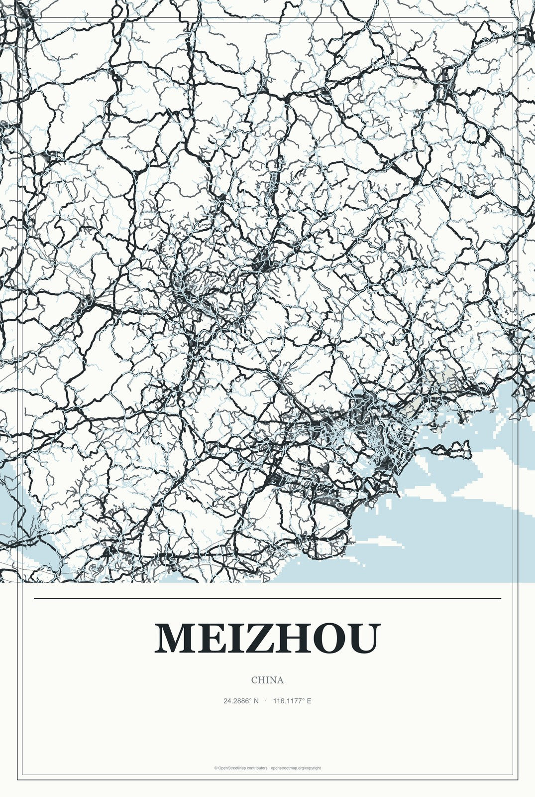 Meizhou, China City Map Aluminum Sign in Gallery Air style