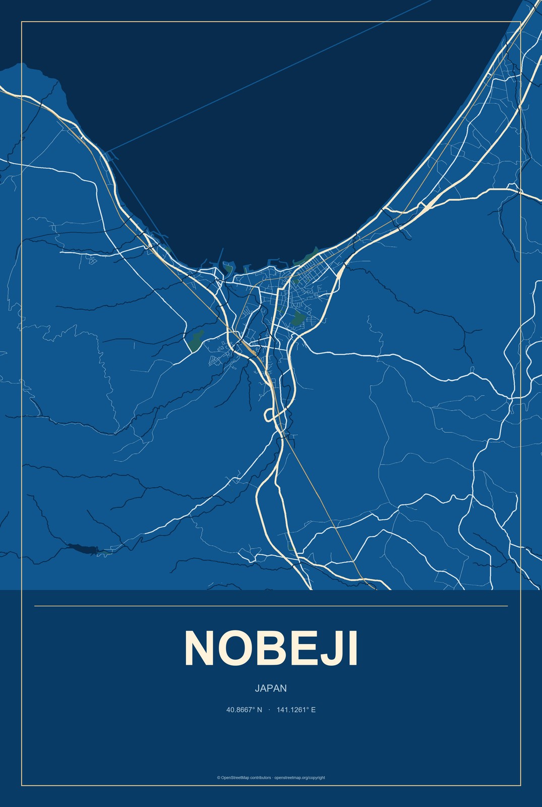 Nobeji, Japan City Map Aluminum Sign in Harbor Cobalt style