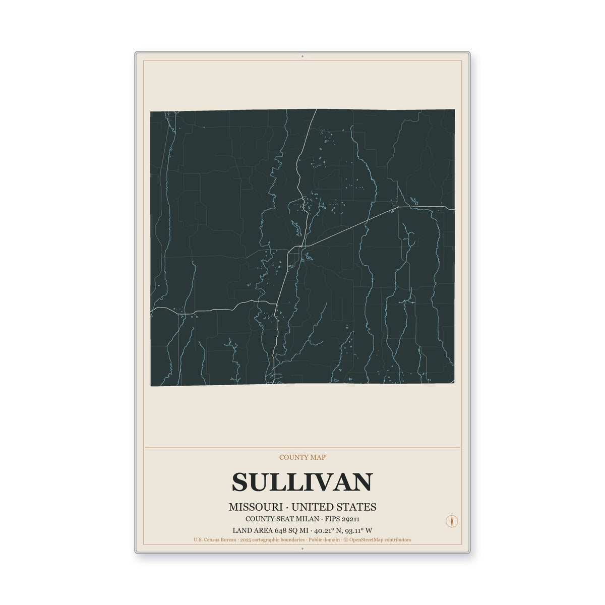 Sullivan County, Missouri Map Aluminum Sign in Headline Atlas style