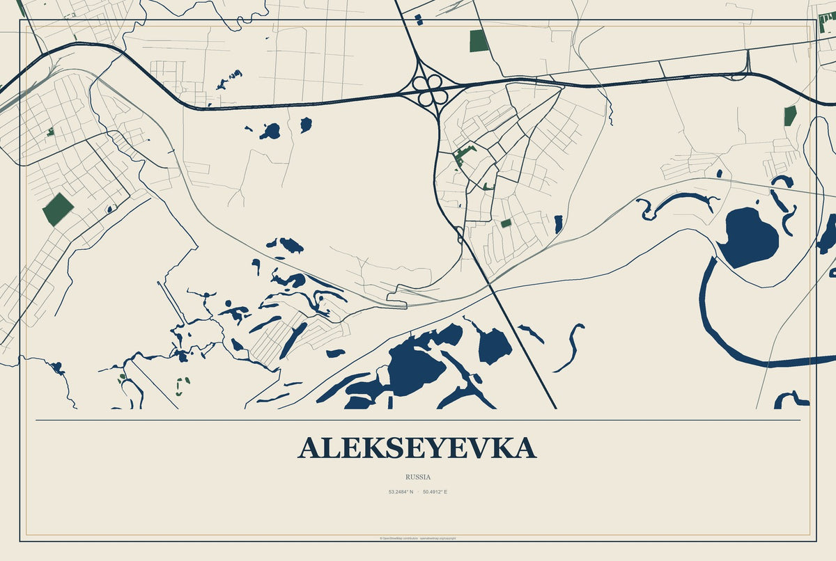 Alekseyevka, Russia City Map Aluminum Sign in Coastal Cutout style