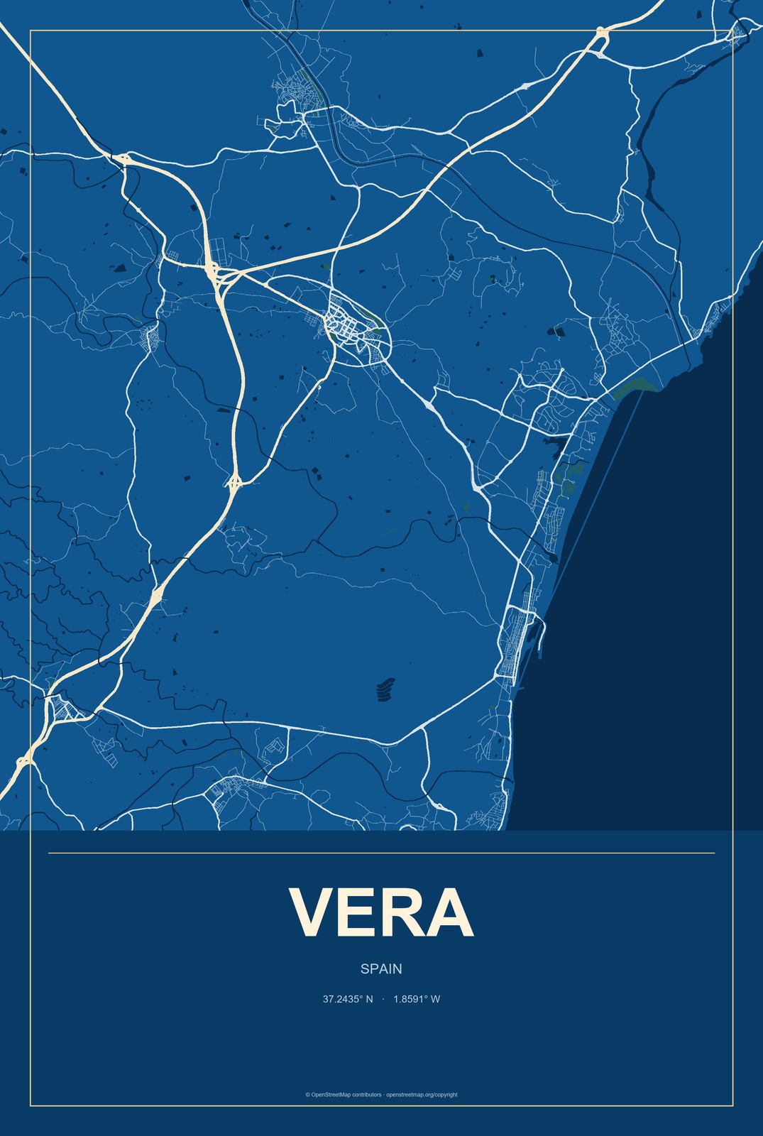 Vera, Spain City Map Aluminum Sign in Harbor Cobalt style