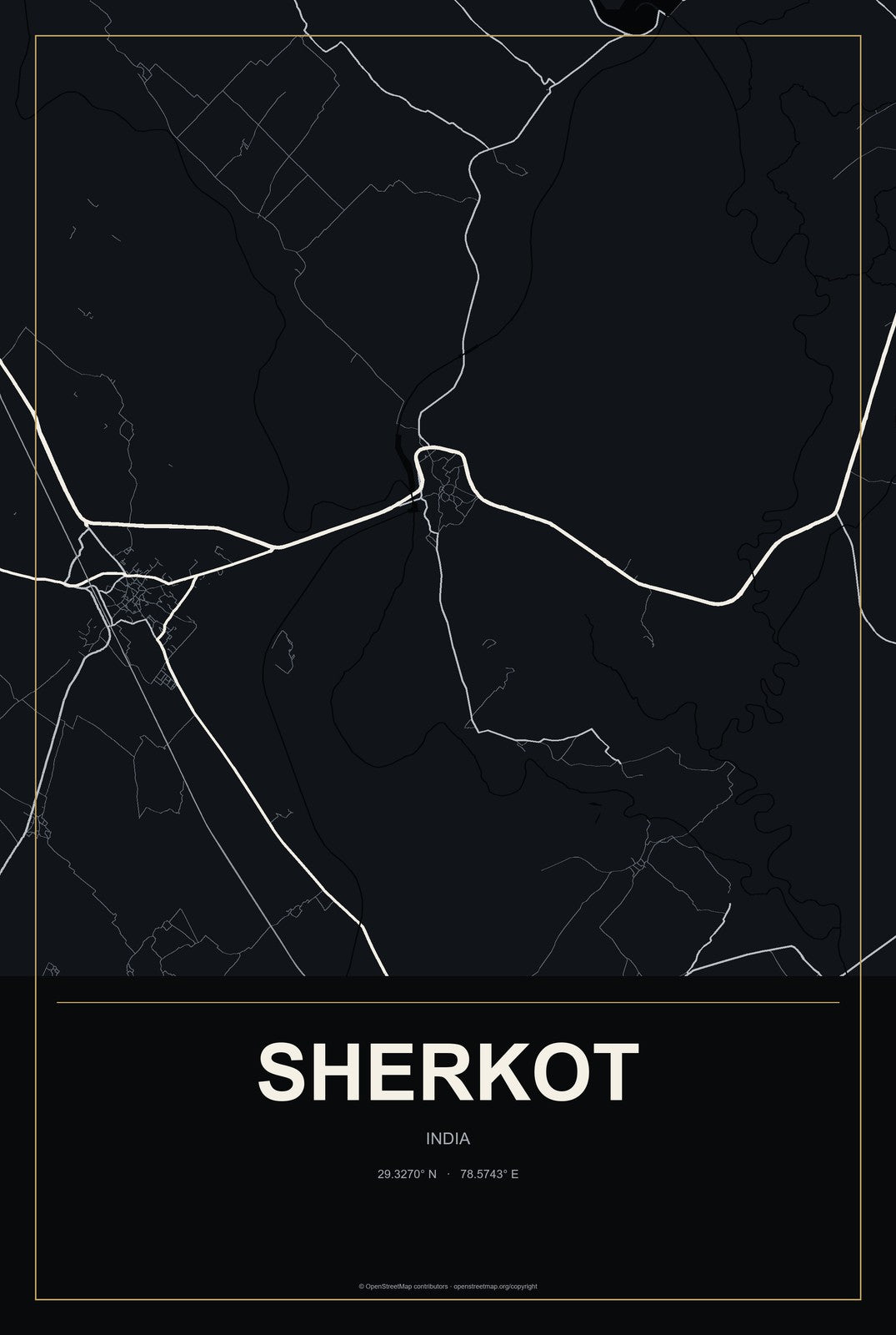 Sherkot, India City Map Aluminum Sign in Metropolitan Noir style