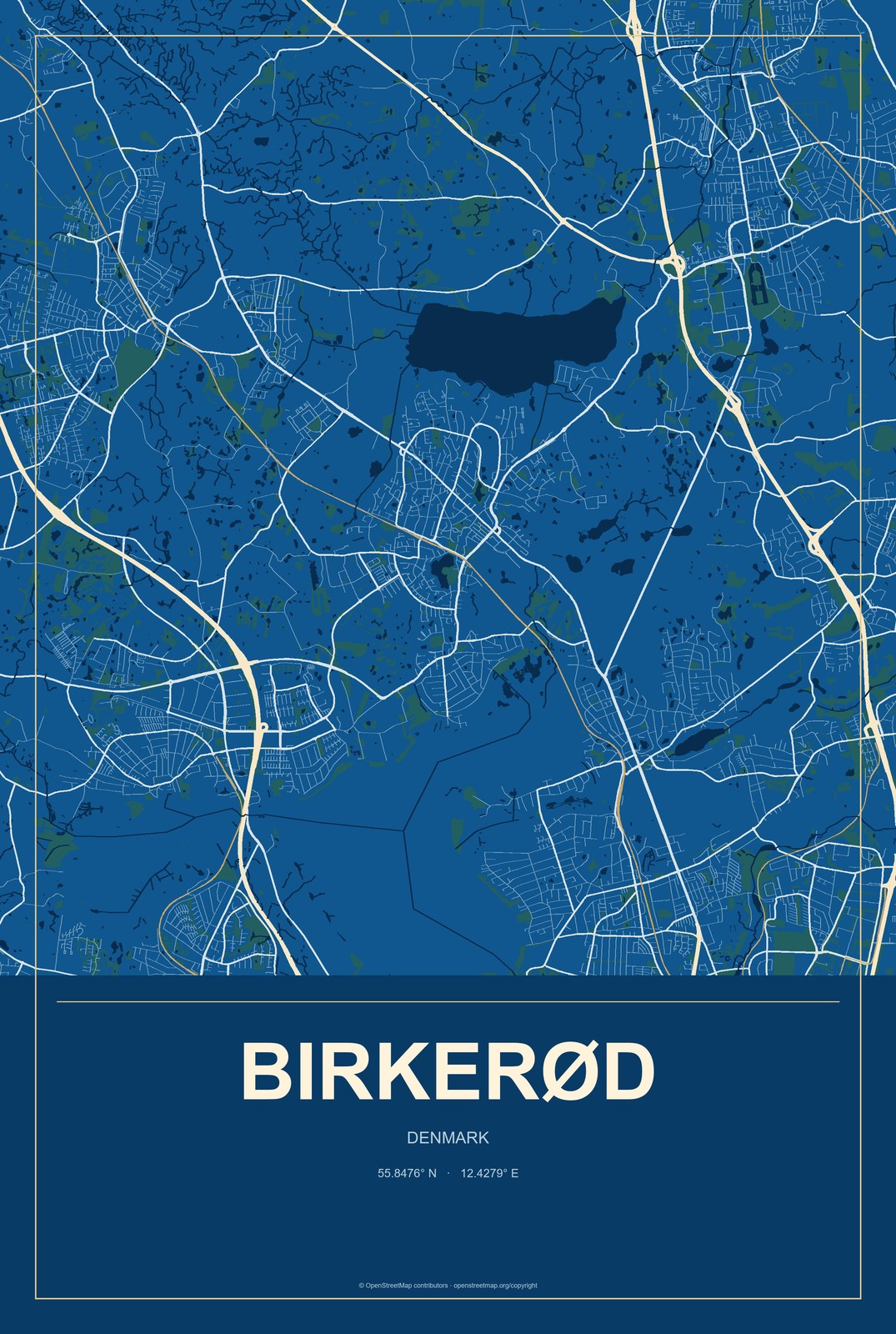 Birkerød, Denmark City Map Aluminum Sign in Harbor Cobalt style