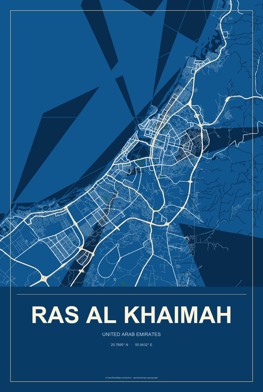 Ras Al Khaimah, United Arab Emirates City Map Aluminum Sign in Harbor Cobalt style