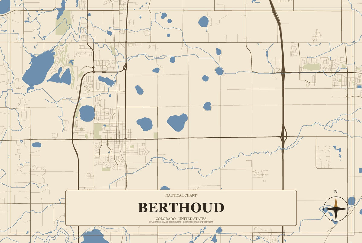 Berthoud, Colorado City Map Aluminum Sign in Heritage Nautical style