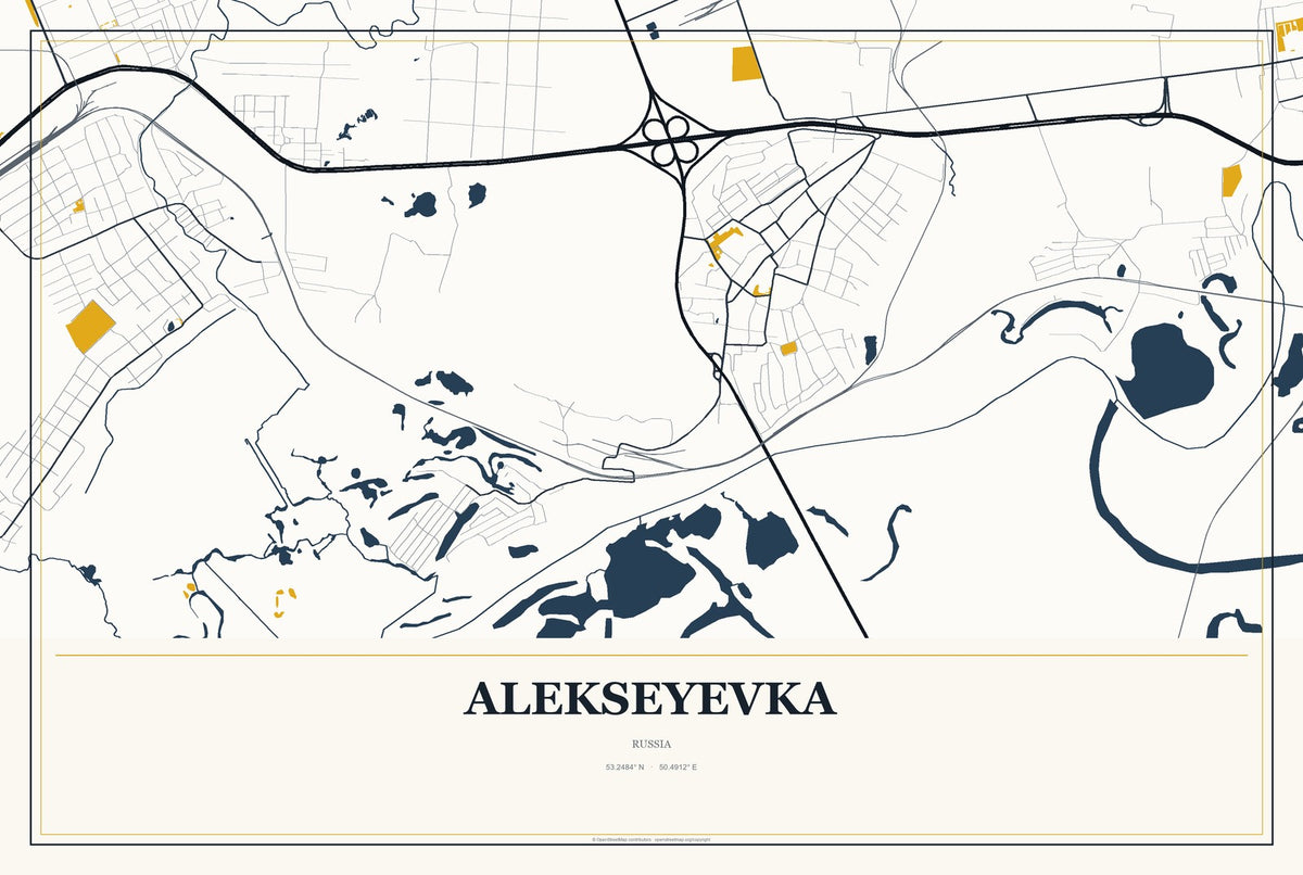 Alekseyevka, Russia City Map Aluminum Sign in Citrine Modern style