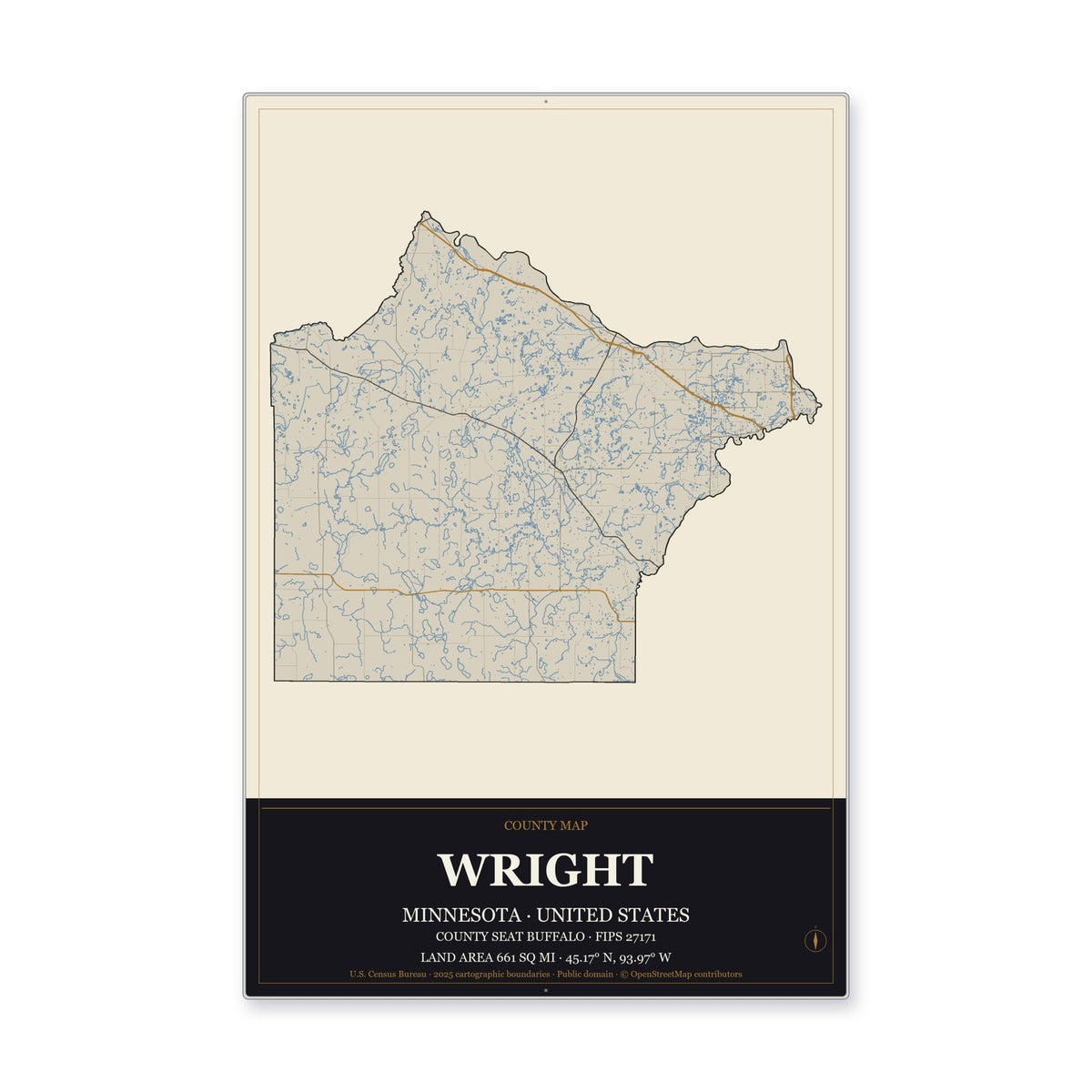 Wright County, Minnesota Map Aluminum Sign in Museum Plaque style