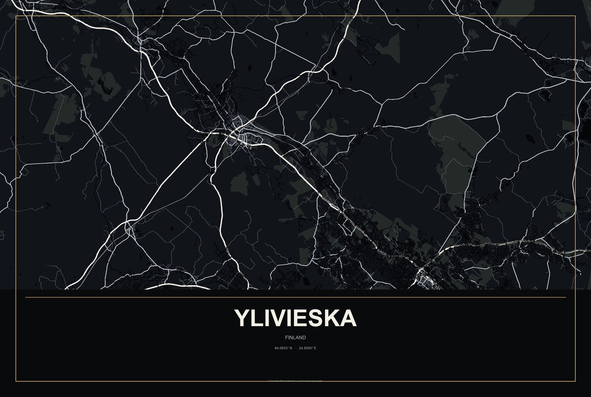 Ylivieska, Finland City Map Aluminum Sign in Metropolitan Noir style