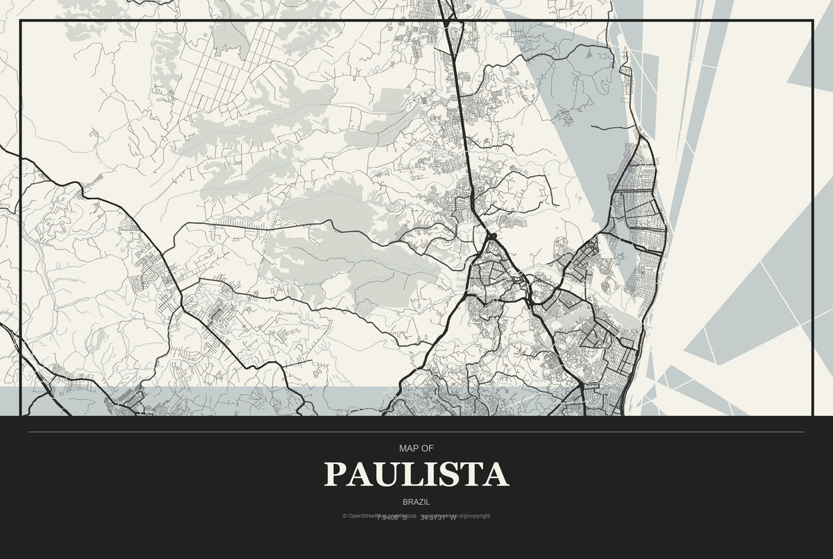 Paulista, Paraíba, Brazil City Map Aluminum Sign in Museum Plaque style