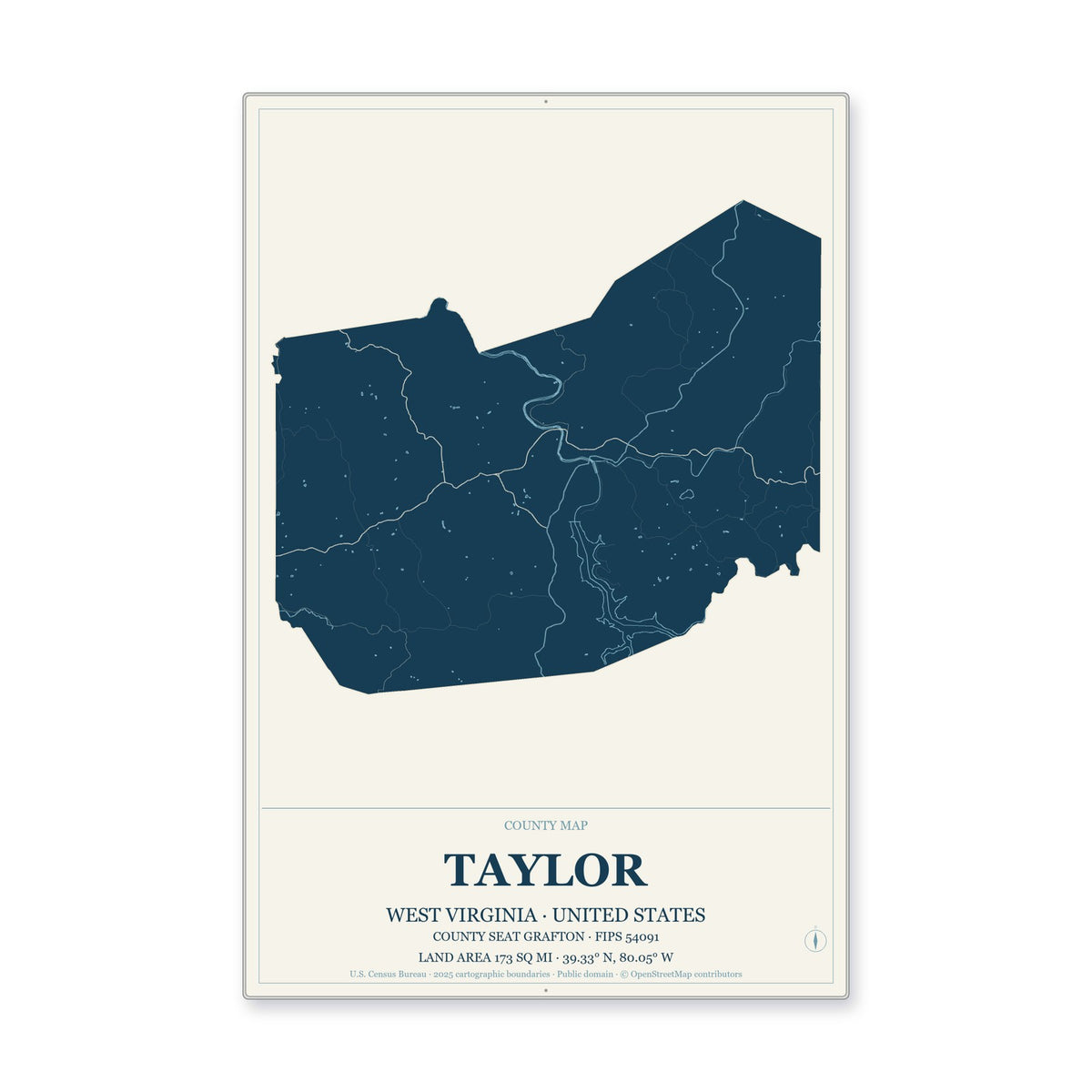 Taylor County, West Virginia Map Aluminum Sign in Coastal Cutout style