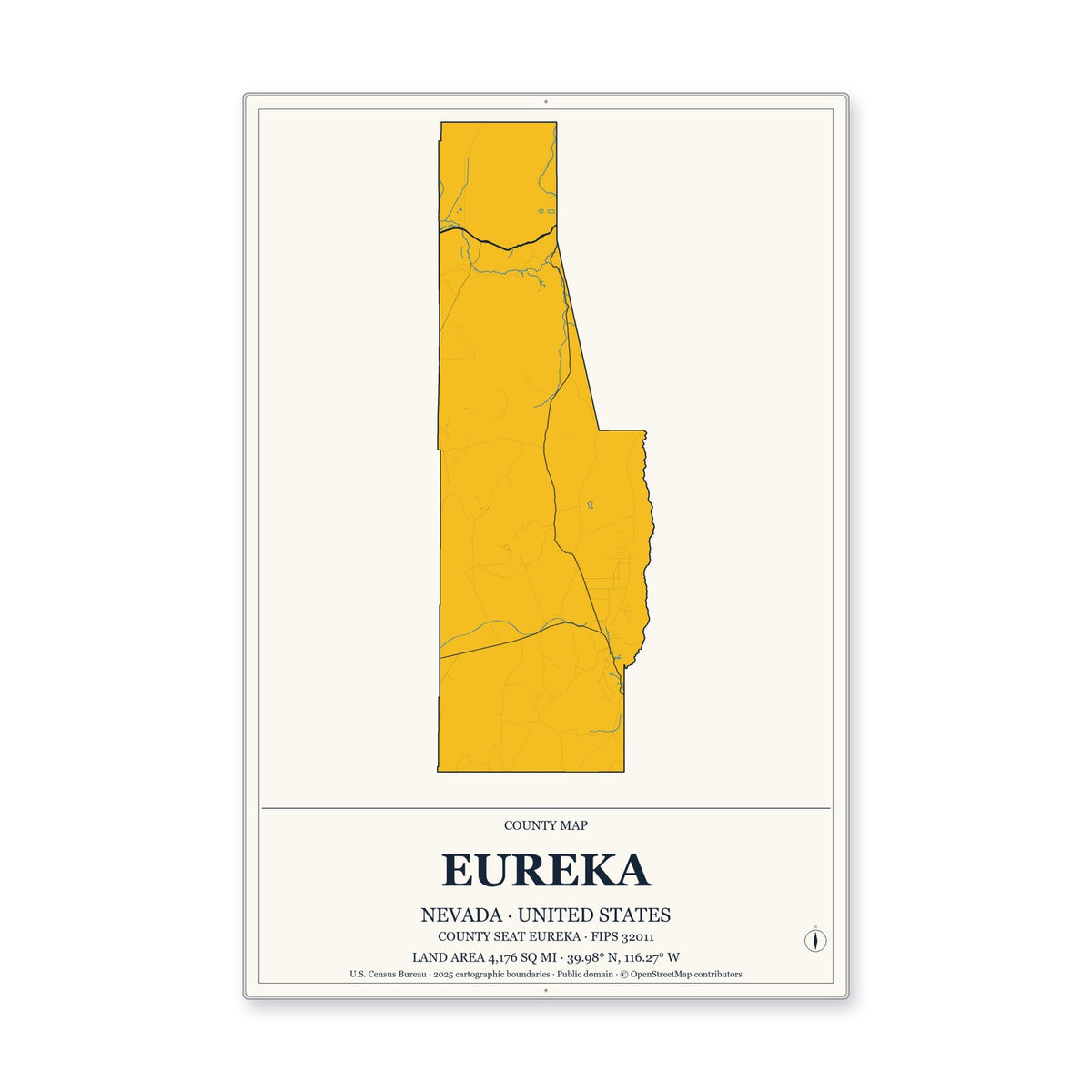 Eureka County, Nevada Map Aluminum Sign in Citrine Modern style