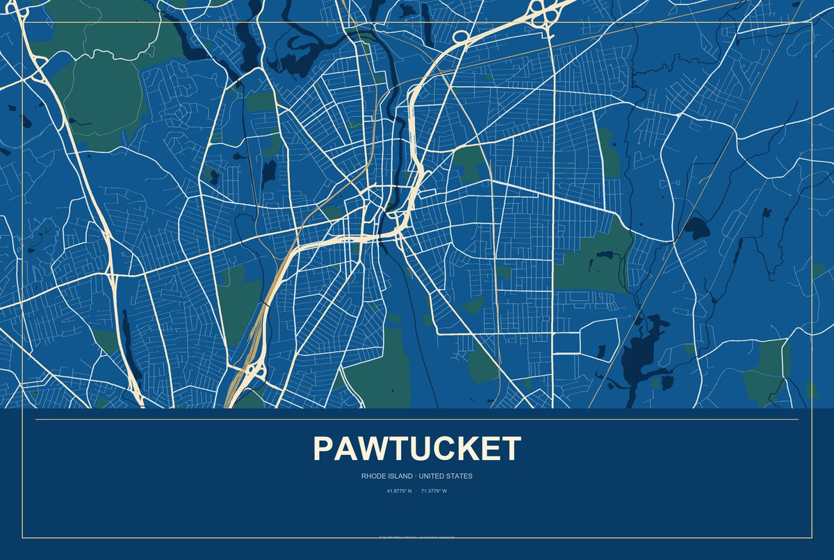 Pawtucket, Rhode Island City Map Aluminum Sign in Harbor Cobalt style