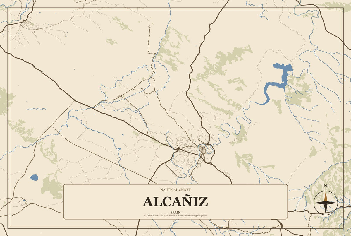 Alcañiz, Spain City Map Aluminum Sign in Heritage Nautical style