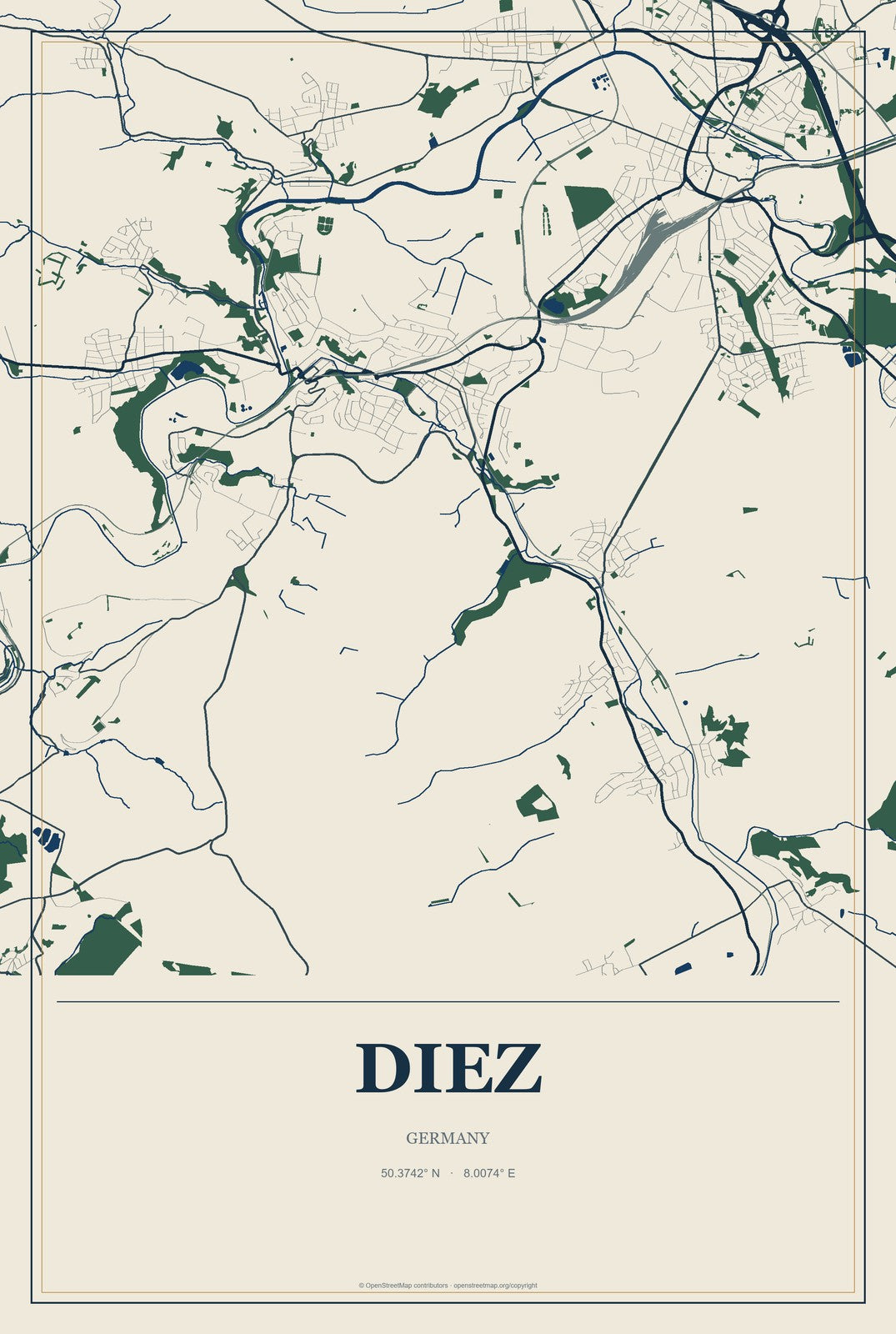 Diez, Germany City Map Aluminum Sign in Coastal Cutout style