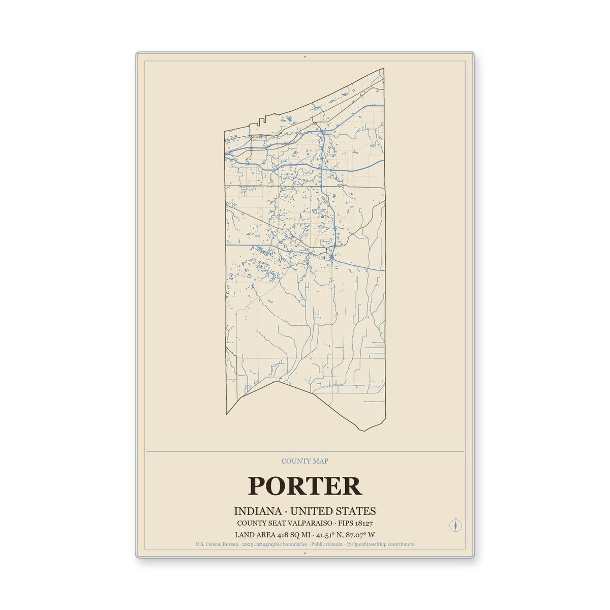 Porter County, Indiana Map Aluminum Sign in Heritage Nautical style