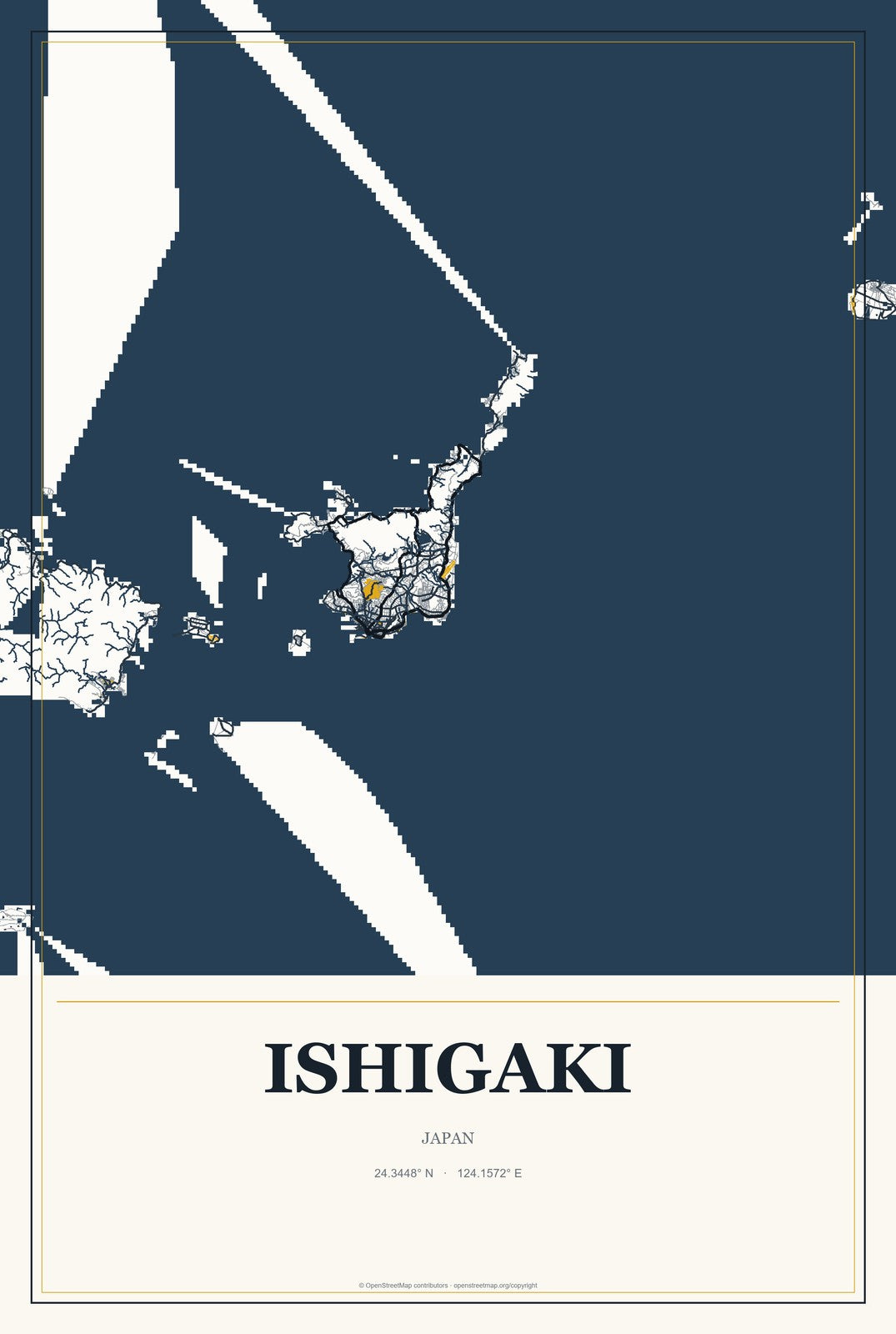 Ishigaki, Japan City Map Aluminum Sign in Citrine Modern style