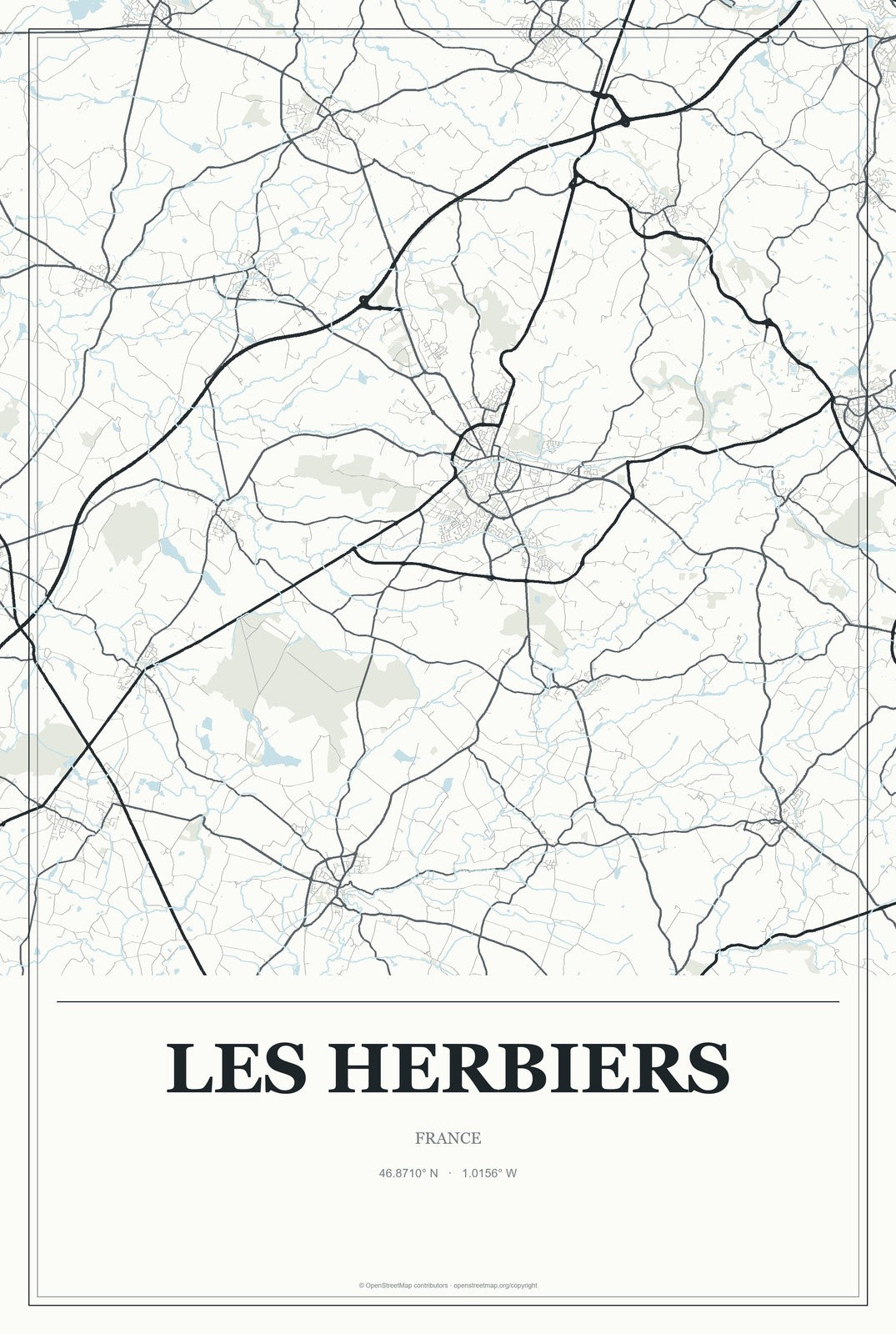 Les Herbiers, France City Map Aluminum Sign in Gallery Air style